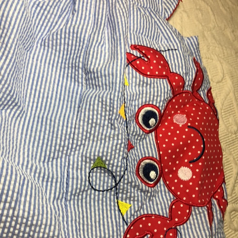 Goodlad crepe baby Blue and White Striped crepe one piece with Red Crab Design